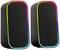 Black speakers with a colourful LED edge that glows in rainbow colours. Modern design, suitable for PCs or music systems.