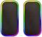 Two black speakers with illuminated, colourful LED frames.