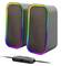 Two grey speakers with colourful LED edges and a remote control, used for audio output.