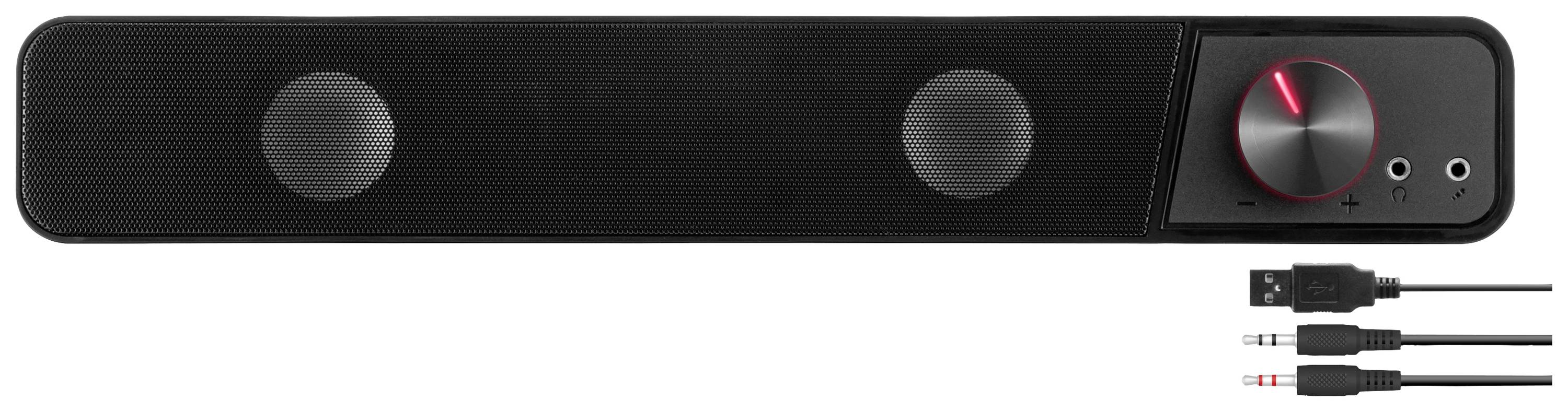 Black soundbar with volume control, headphone port and USB cable as well as audio cable with 3.5mm plugs.