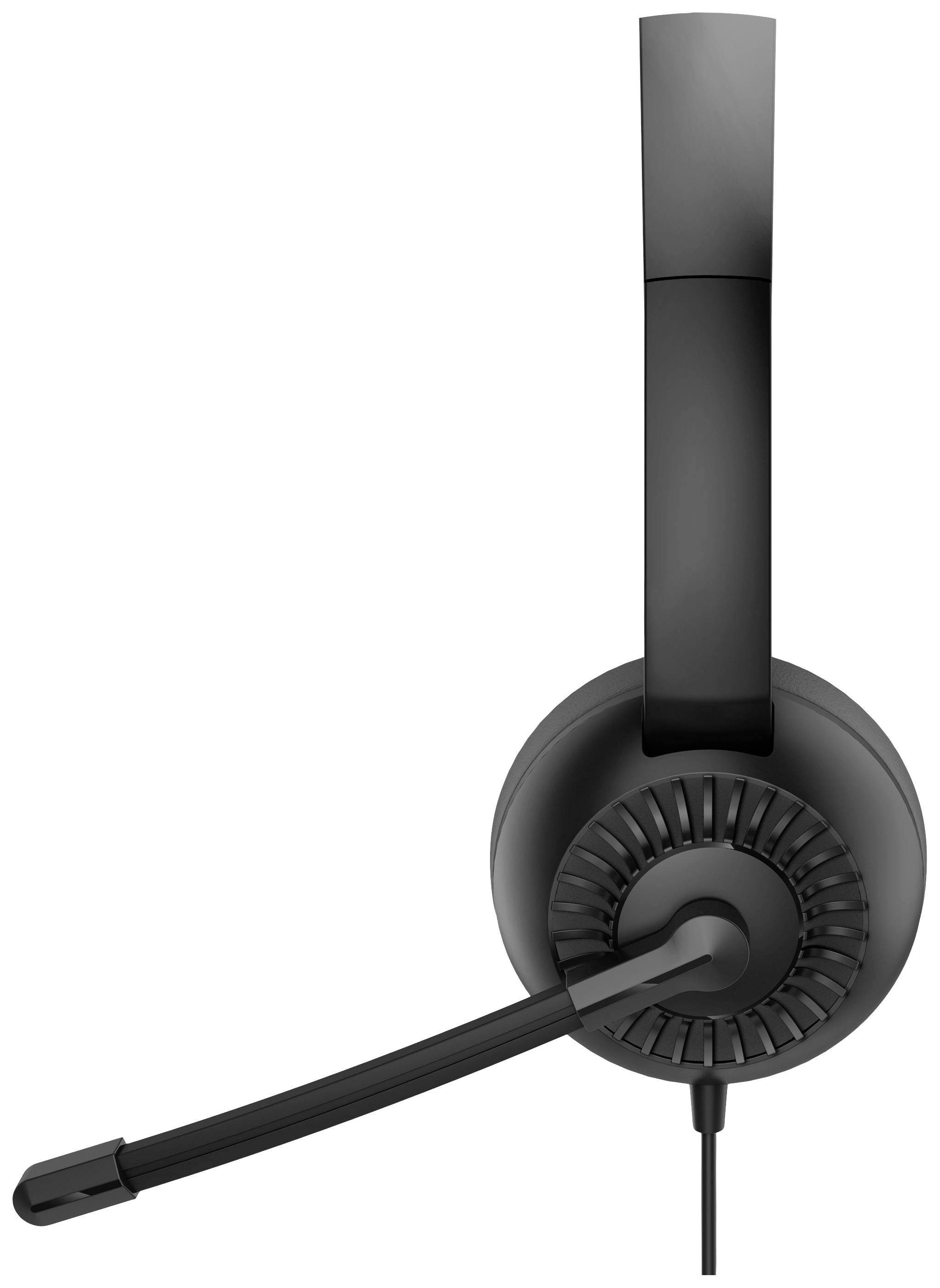 A black headset with a microphone arm, shown from the side, displays an ear cup and an adjustable headband.
