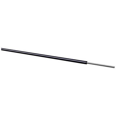 A black, thin metal tube with a silver wire at the end, diagonally positioned from bottom left to top right.
