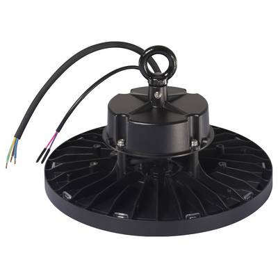 Industrial light with a circular housing and three outgoing cables for electrical connection, ideal for large interior spaces.
