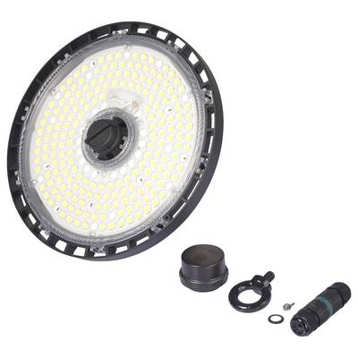 Round LED high bay light with black housing, numerous yellow lighting elements and accessories such as mounting ring and adapter.