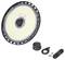 Round LED high bay light with black housing, numerous yellow lighting elements and accessories such as mounting ring and adapter.