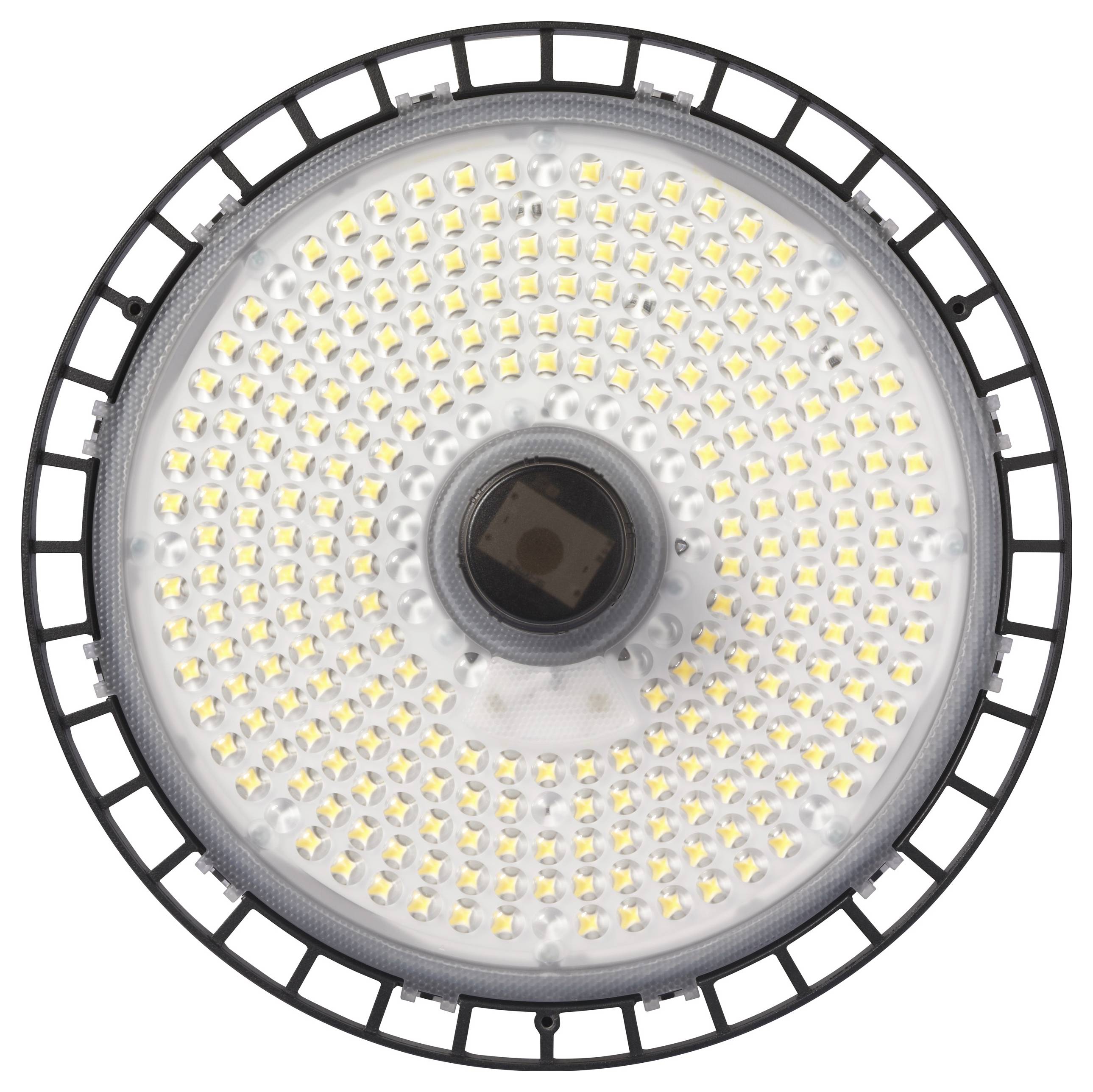 'Round LED light with many small lights, encased in a black frame.'