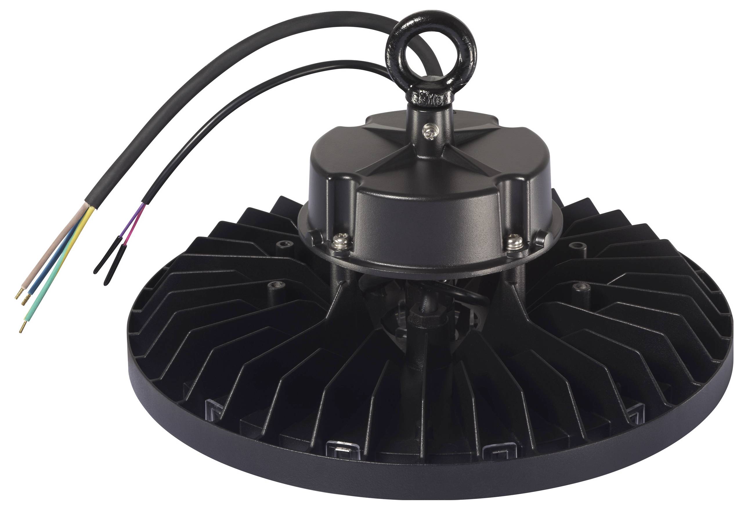 A black, circular LED industrial light module with heat sinks and exposed electrical connections on two wires.