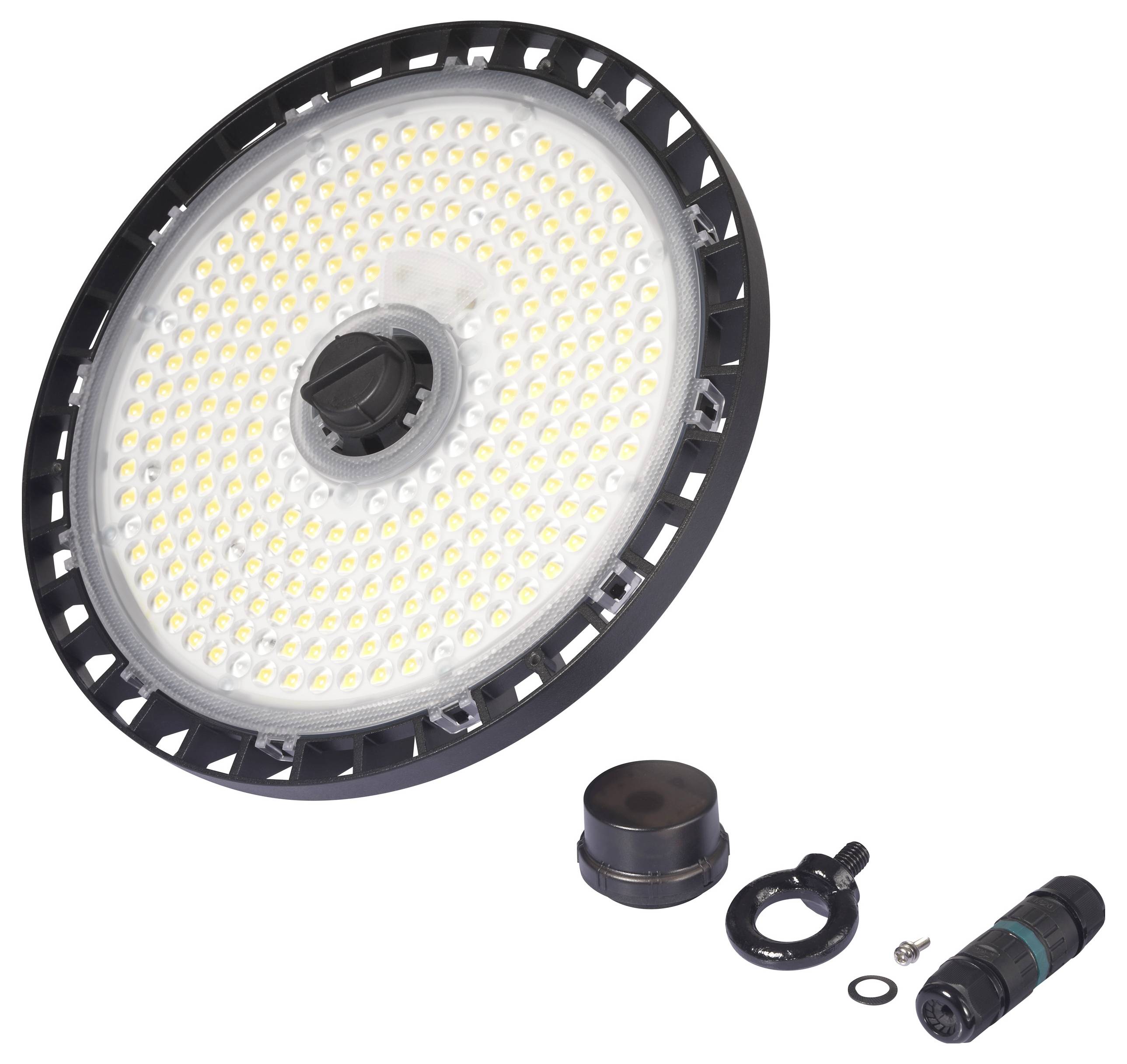 'Round LED light with numerous light points, black outer edge. Several removable parts underneath, including bolts and seals.'