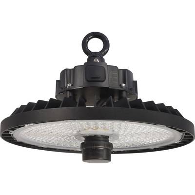 LED high-bay light with black housing and suspension mechanism, suitable for industrial applications, energy-efficient lighting.