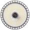 Round LED lamp with many small, evenly arranged light-emitting diodes and a black grid. Top view.