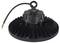 A round black industrial light with a metal heatsink and protruding cables, suitable for ceiling mounting in large spaces.