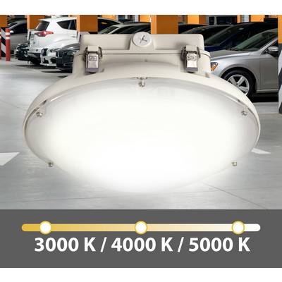 A bright garage lamp with adjustable colour temperature from 3000K, 4000K to 5000K, illuminates a car park with vehicles.