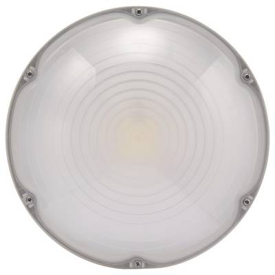 A round, white ceiling light with concentric circles, evenly illuminated.
