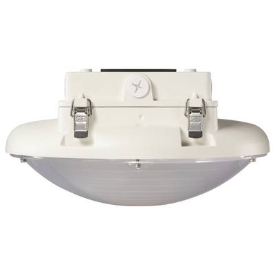 A round, white ceiling light with a clear cover and metal fasteners on the sides.