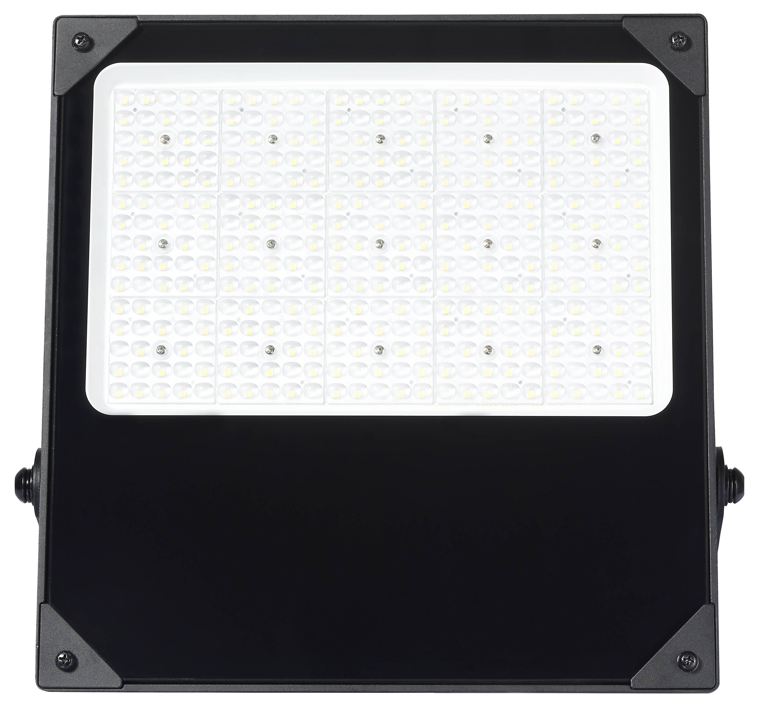 A rectangular LED flood light with a black frame and a matrix of individual LED lights illuminating.