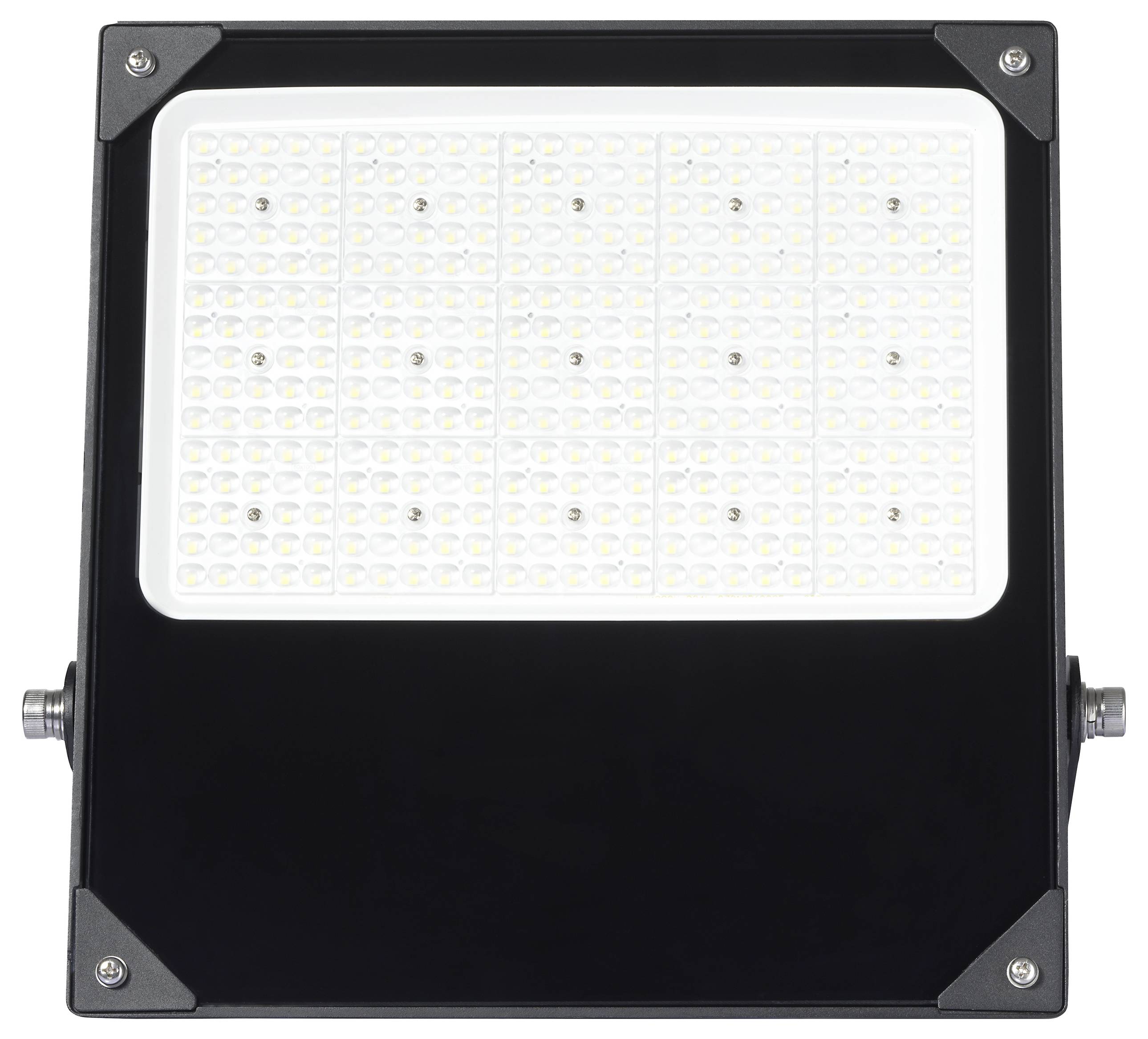 Black LED floodlight with a rectangular, white illumination field, suitable for outdoor lighting.