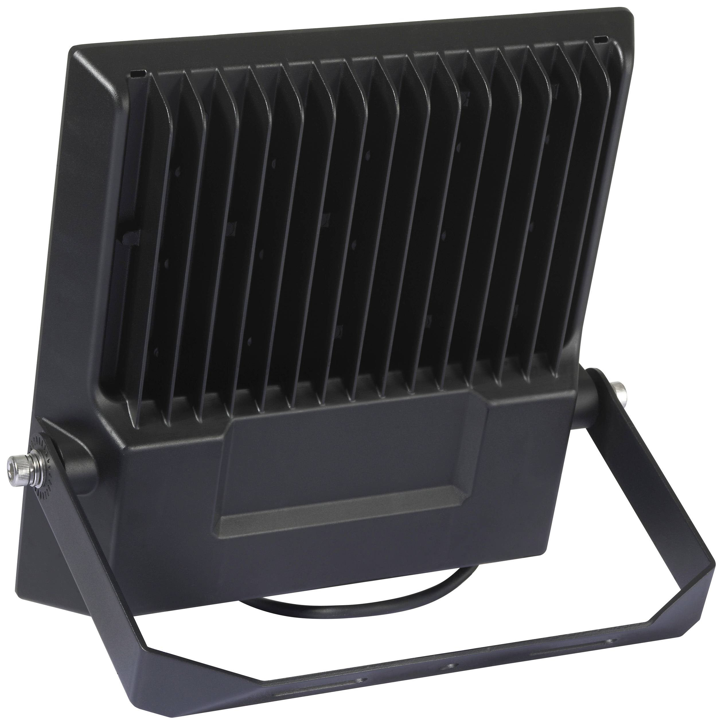 A black LED floodlight holder with cooling fins and an adjustable stand, suitable for outdoor lighting.