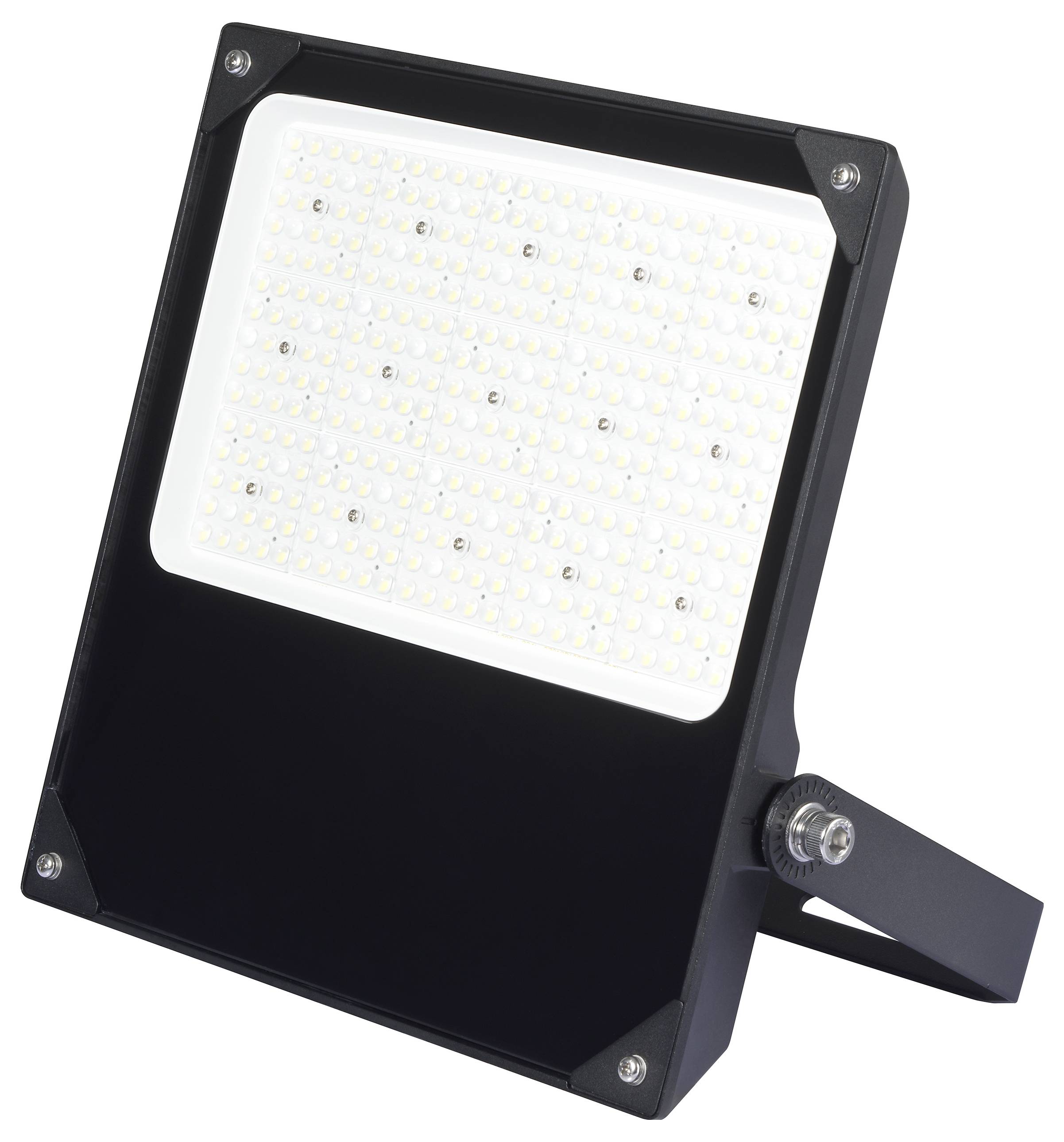 Black LED floodlight with rectangular design and adjustable bracket, suitable for outdoor lighting.