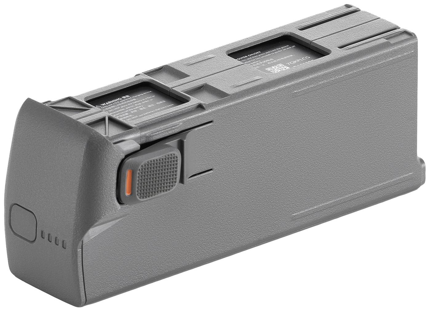 A grey drone battery with LED indicators and an orange switch. It has a rectangular shape and textured surface.