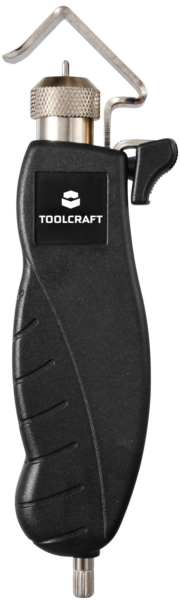 Compact, black multi-functional hand tool by TOOLCRAFT with an ergonomic handle and hook attachment, suitable for precision work.