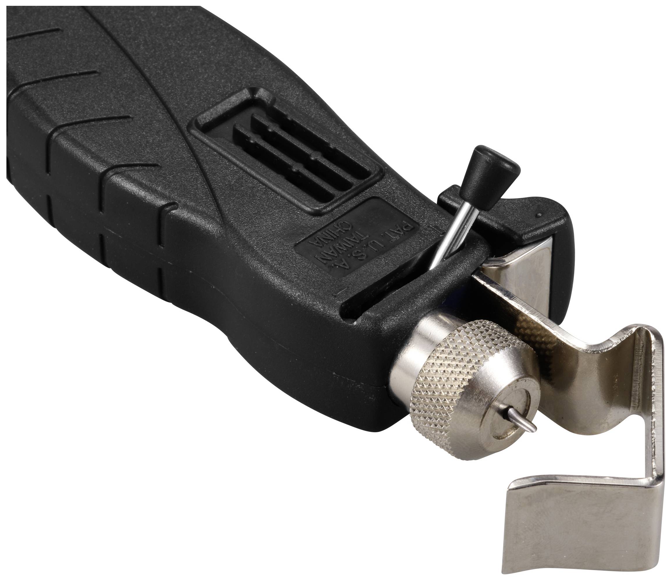 Cable stripping tool with a black plastic handle and adjustable metal blade for removing insulation from cables.
