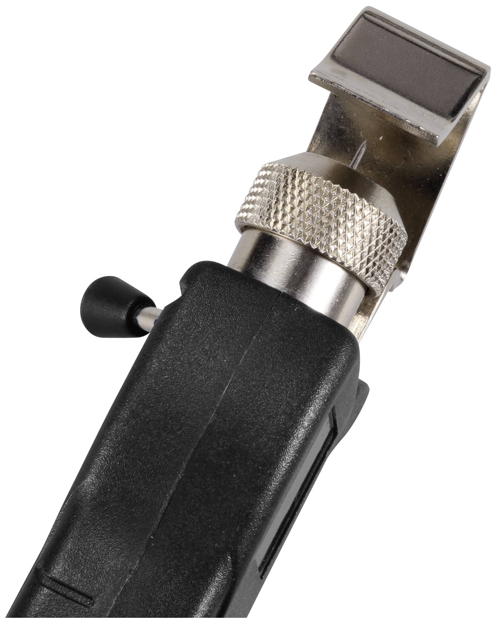 A black, manual device with a metal head and a ribbed handle. Likely a specialist tool.