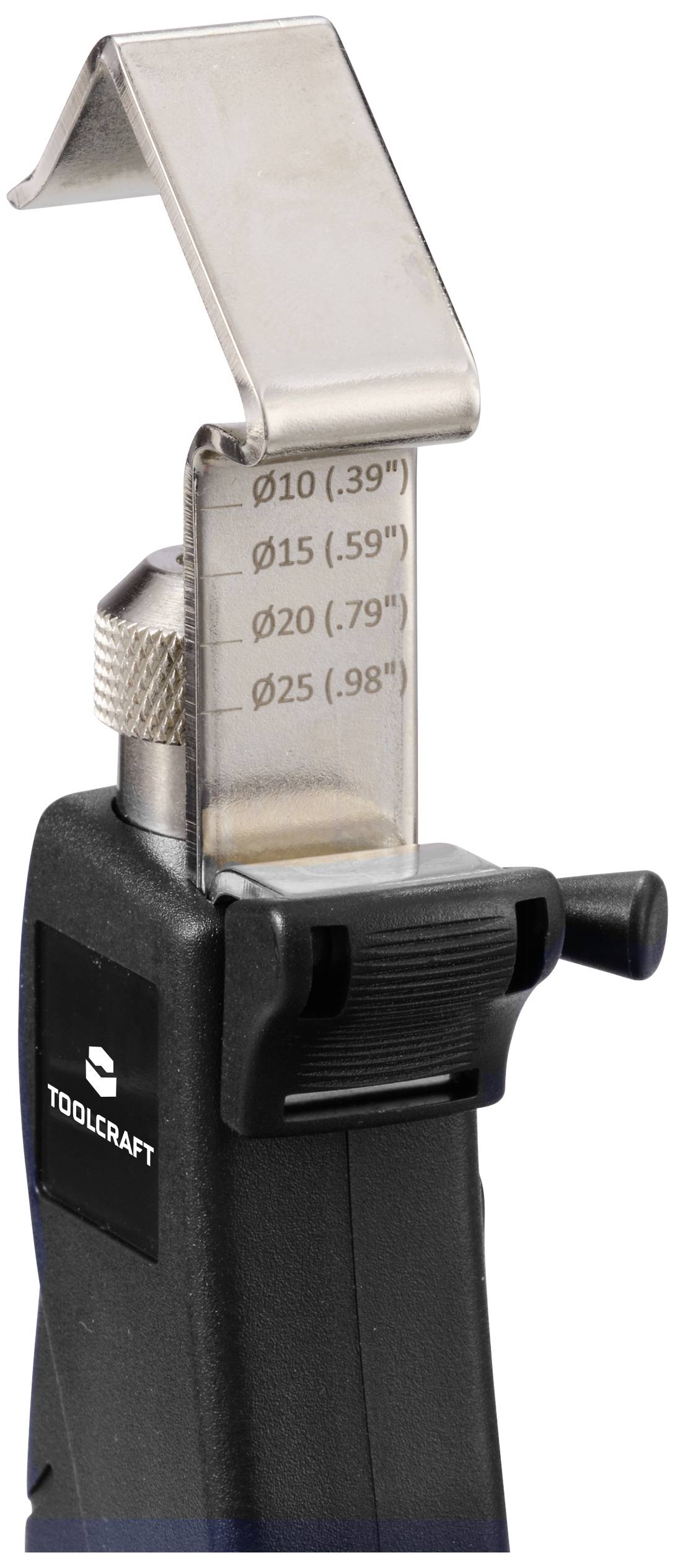 Vernier caliper with scale for measuring pipe diameters. Tool made of metal and plastic, suitable for diameters from 10 to 25 mm.