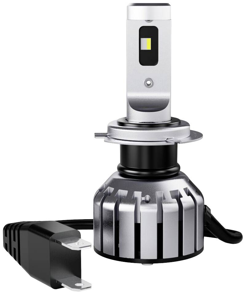 LED vehicle lamp with silver heatsink and black cable, suitable for automotive lighting.