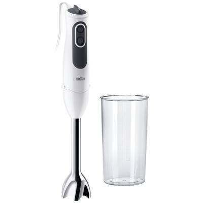 A white hand blender with a silver blade next to a clear measuring jug. Perfect for chopping and mixing ingredients.