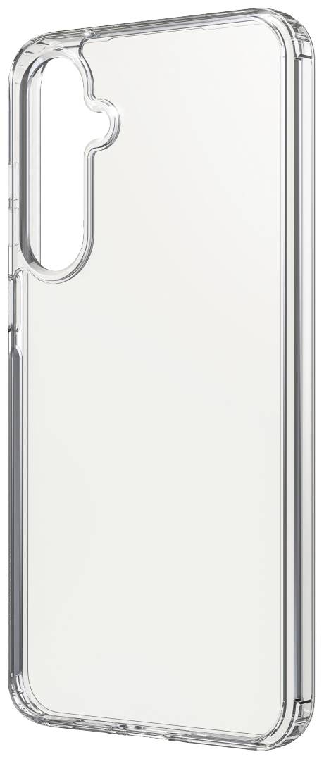 Transparent mobile phone case with camera area for triple lens, minimalist and understated in design.