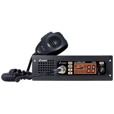 A CB radio (Stabo xm 3006e VOX) with microphone and digital display, showing channels and functions for communication.