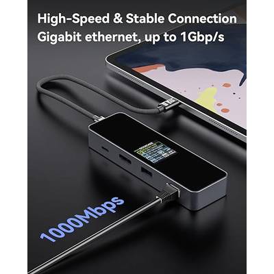 A black adapter connects a tablet to an Ethernet cable. Text on the image reads: 'High-Speed & Stable Connection Gigabit Ethernet, up to 1 Gbps 1000 Mbps'.