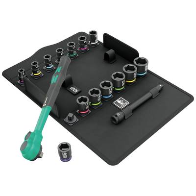 Ratchet set with various socket nuts and extensions laid out on a mat, colour-coded for easy size differentiation.