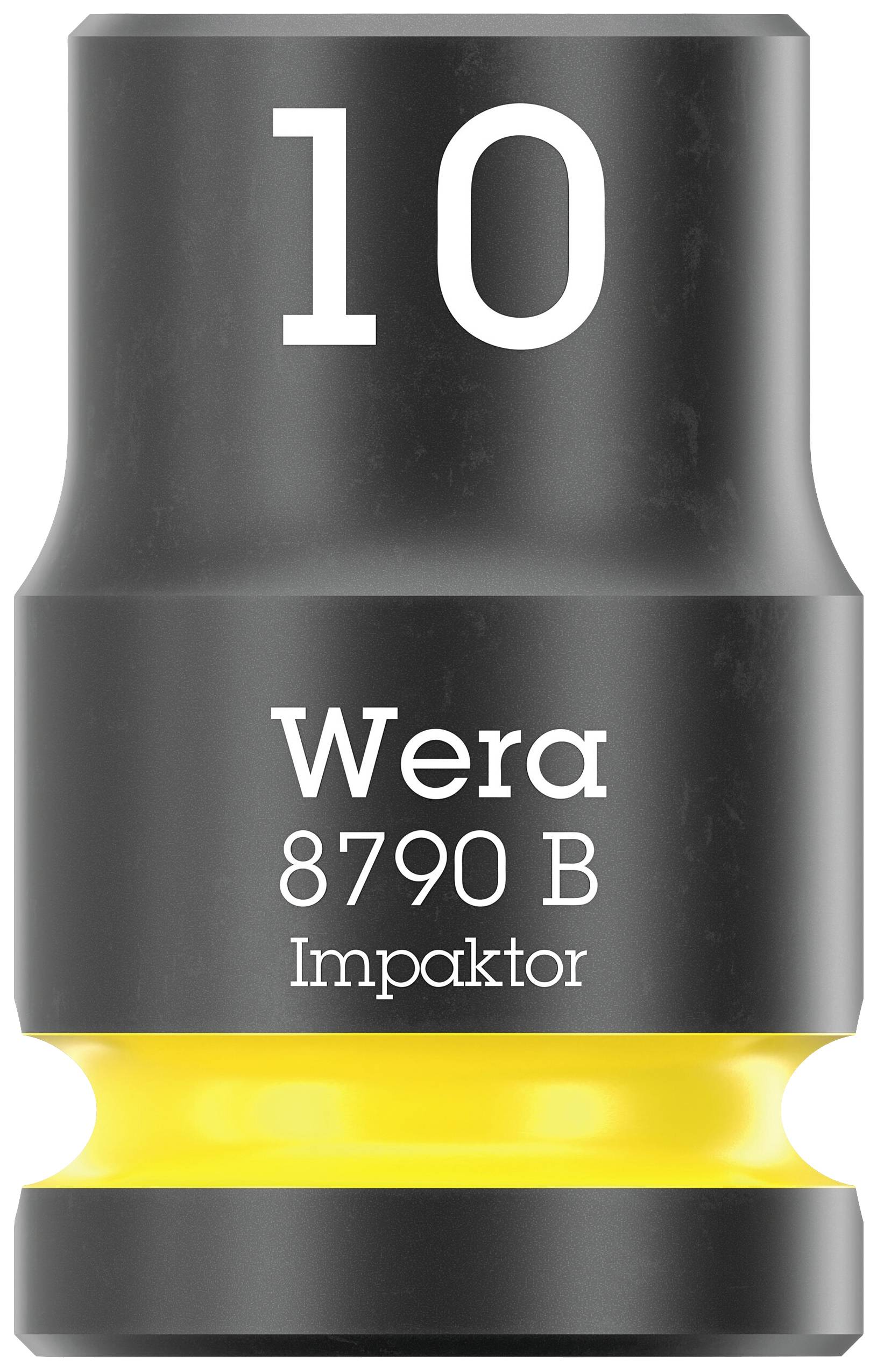 Black socket extension with white inscription '10', brand 'Wera 8790 B Impaktor', yellow ring at the bottom.