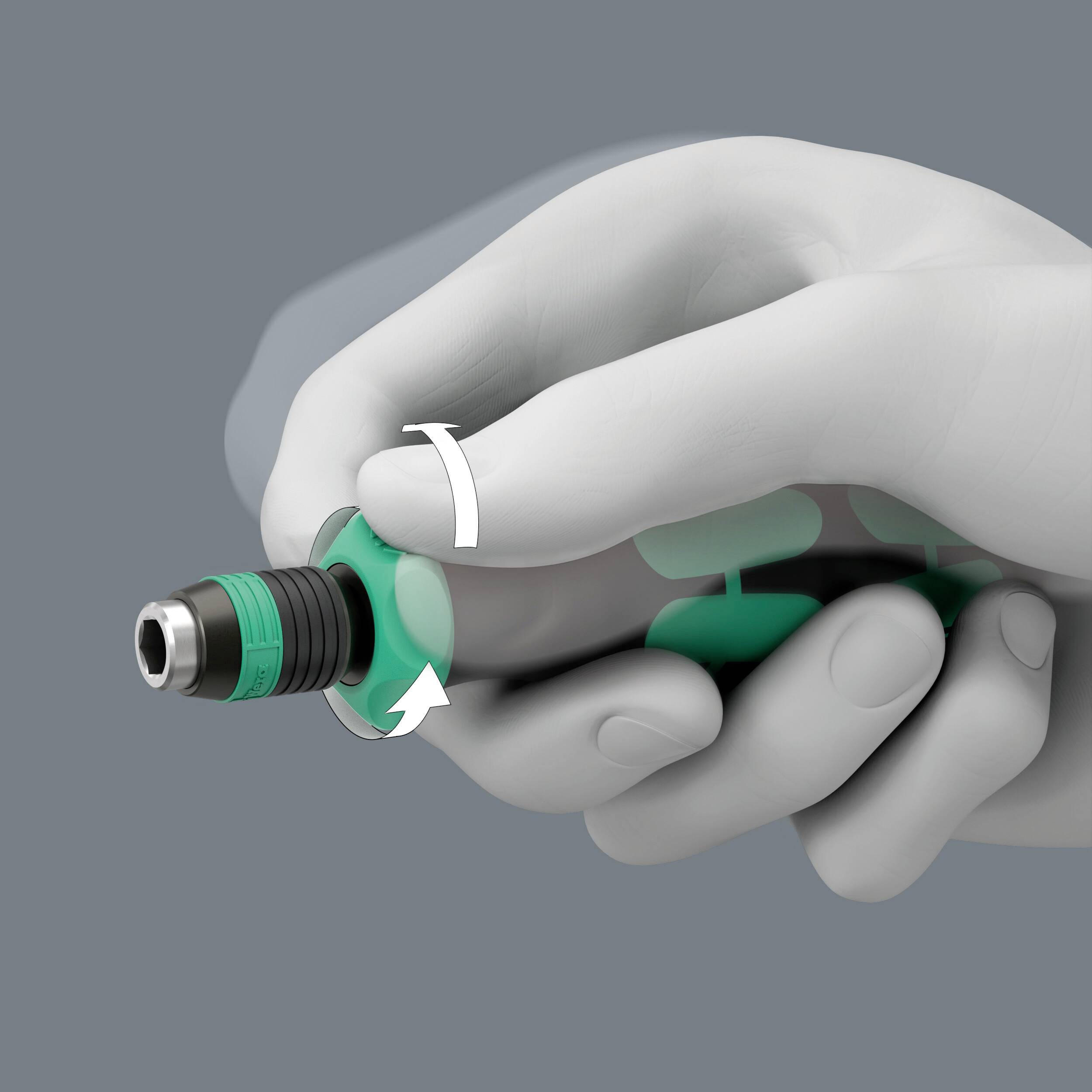 A hand is holding a medical device with a green twist-off cap. It demonstrates how the device is rotated to seal it.