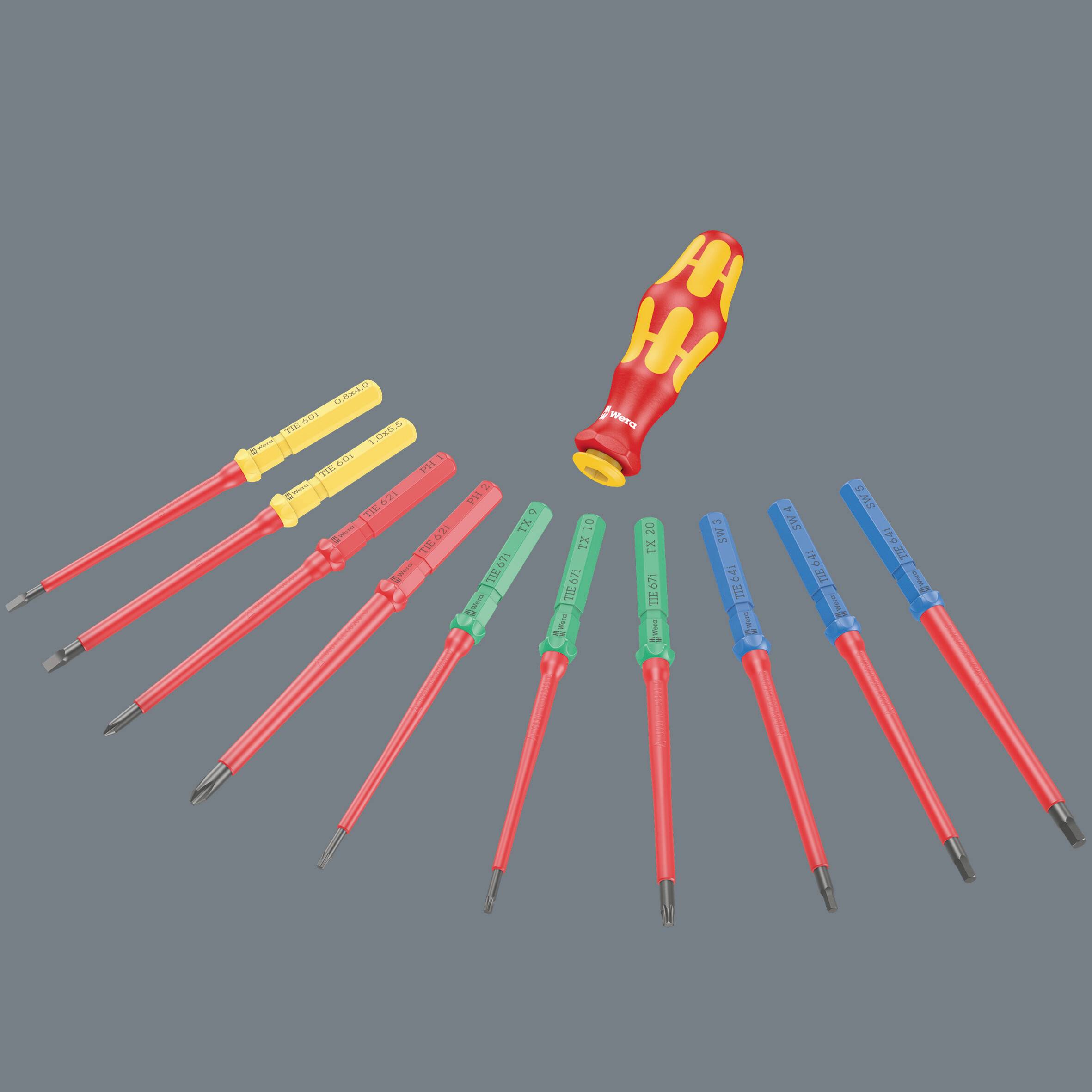 A set of screwdrivers with a red and yellow handle and interchangeable blades in various colours and sizes on a grey background.