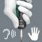 A hand is holding a screwdriver with sound and vibration symbols on a grey background.