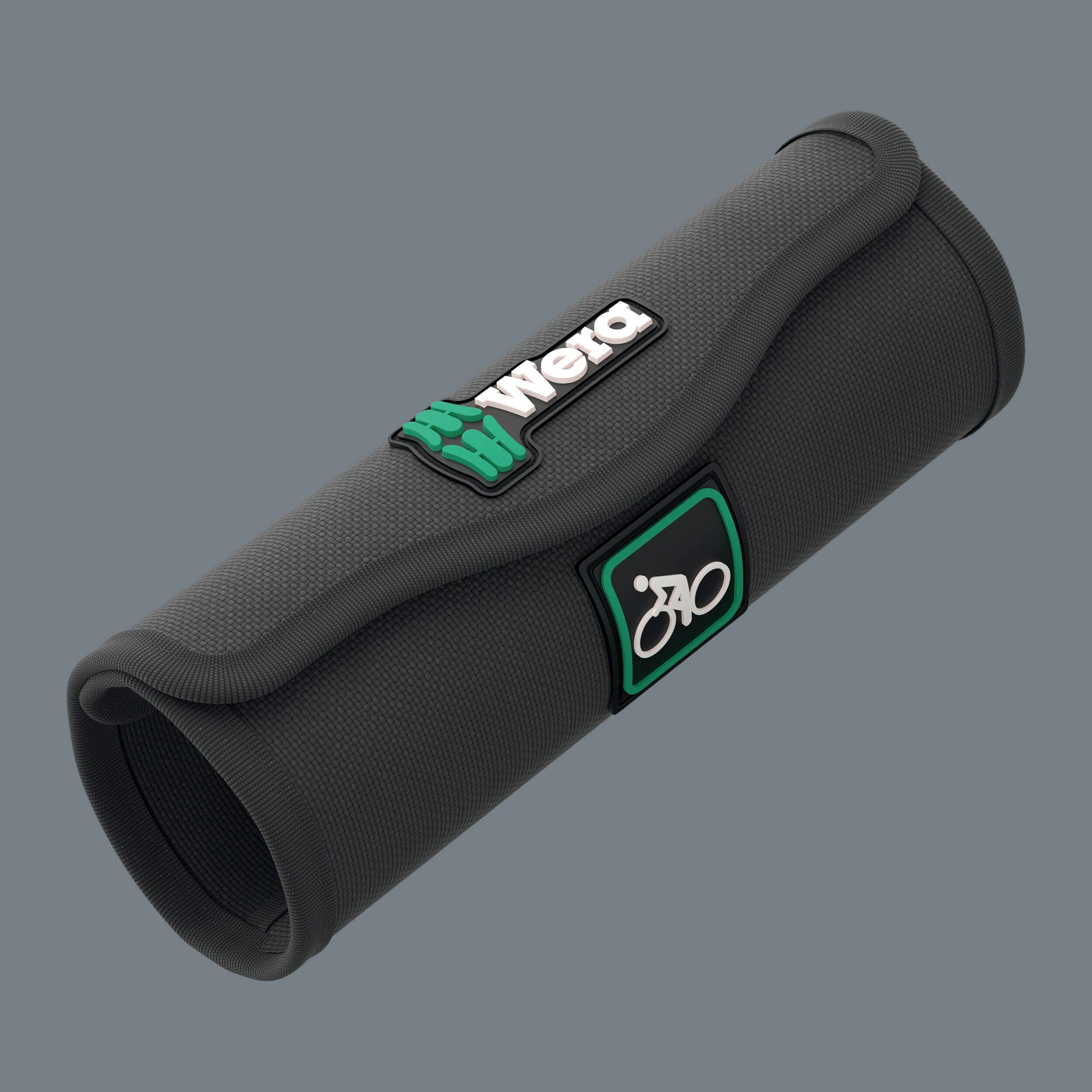 Black, rolled-up tool kit with green-black logo and bicycle symbol. Designed for storage and organisation of bicycle accessories.
