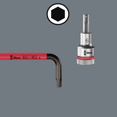 L-shaped hexagonal Allen key and 6 mm hexagonal bit, both by Wera, on a grey background.