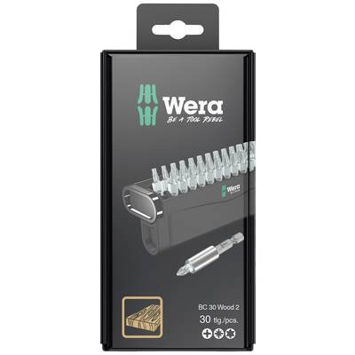 'Wera BC 30 Wood 2' Bit Set Packaging with 30 pieces, specifically designed for woodworking. Includes bit holder and screwdriver bits.
