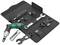 Tool set in an open, black bag containing a spanner, a screwdriver, bits and accessories.