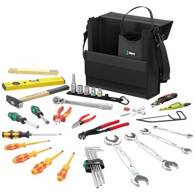 Tool bag with various hand tools such as screwdrivers, hammer, pliers, spanners and ruler, ready for DIY tasks.