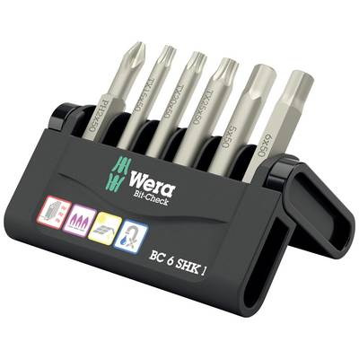 Wera bit set with six different bits, packaged in a black holder with logos for various screw head types.