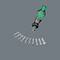 Screwdriver with a green and black handle and eleven interchangeable bits, arranged underneath on a grey background.