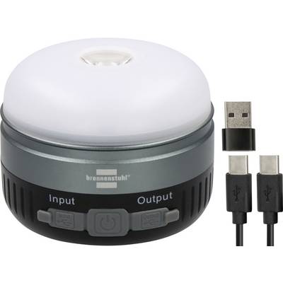 Portable USB-powered lantern with diffuser dome, input/output ports, and two included charging cables<br>