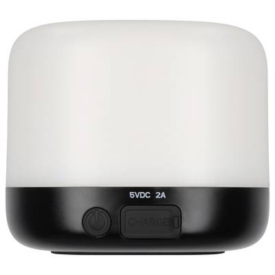 White and black portable charger with power button and USB port labeled '5VDC 2A' on the front.