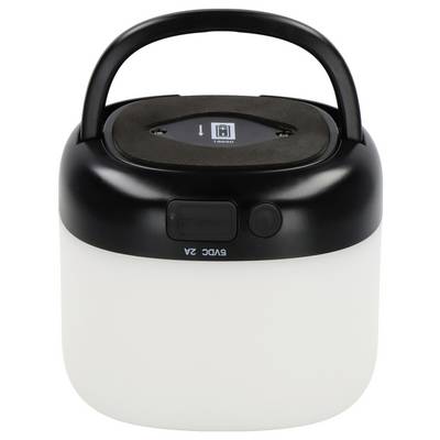 Portable black-and-white food container or lunch box with a carry handle and latch on the front, shown on a white background.