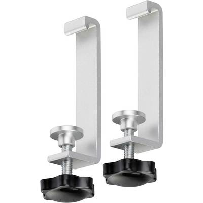 Two silver metal clamp brackets with black tightening knobs, shown side by side on a white background.