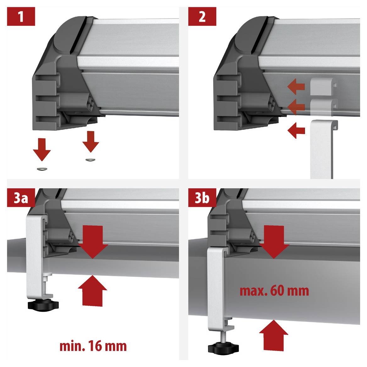 Four-step installation diagram for a clamp on an aluminum frame: insert parts, slide bracket into place, then secure with a side support; clearance marked min. 16 mm and max. 60 mm.<br>