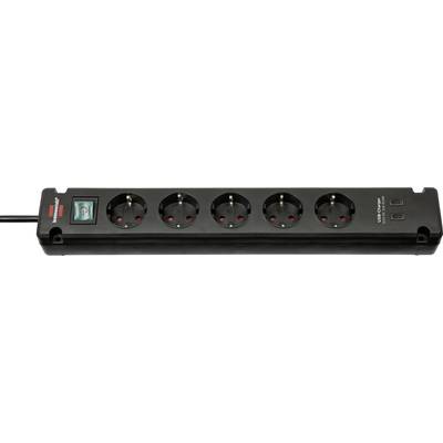 Black six-outlet power strip with a red on/off switch, surge protection label, and two USB charging ports on the right.